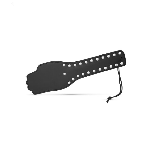 Erotic SM clapper in the shape of a hand made of leather, with studded handle