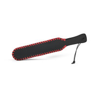 Playful BDSM paddle made of leather, with loop, contrasting red stitching