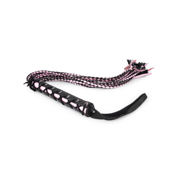 Exciting BDSM whip made of leather, with 9 straps in pink and black