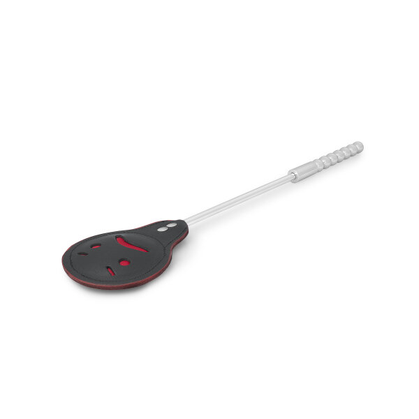 Erotic BDSM swatter smiley made of leather, with stainless steel handle, unscrewable