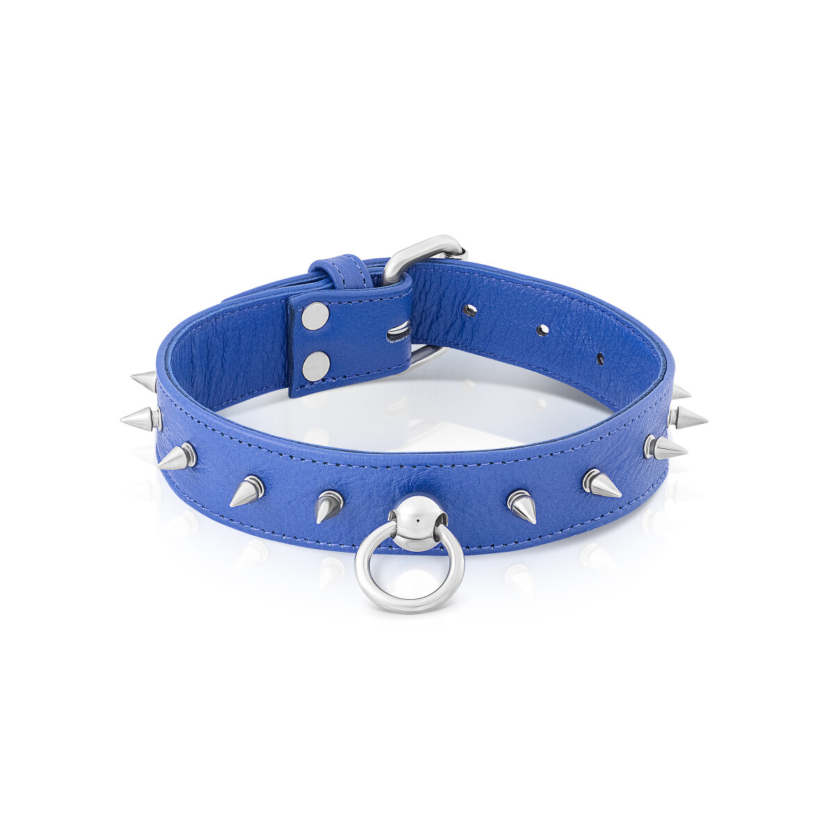 Leather BDSM Collar with O-Ring in Blue with Spiked Rivets