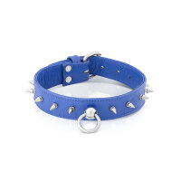 Leder BDSM Halsband mit O-Ring, blau, mit Stachelnieten, passend für Halsumfang 360 bis 460 mm