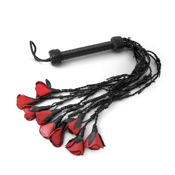 Sensual BDSM whip made of leather, with 9 red roses