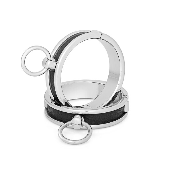 Premium stainless steel BDSM handcuffs with O-ring and leather insert