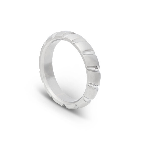 Solid acorn ring made of brushed stainless steel with decorations